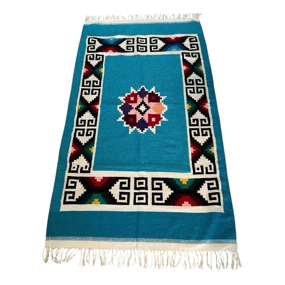 Santa Fe Style Woven Wool Blanket Rug Southwest Turquoise 89x51